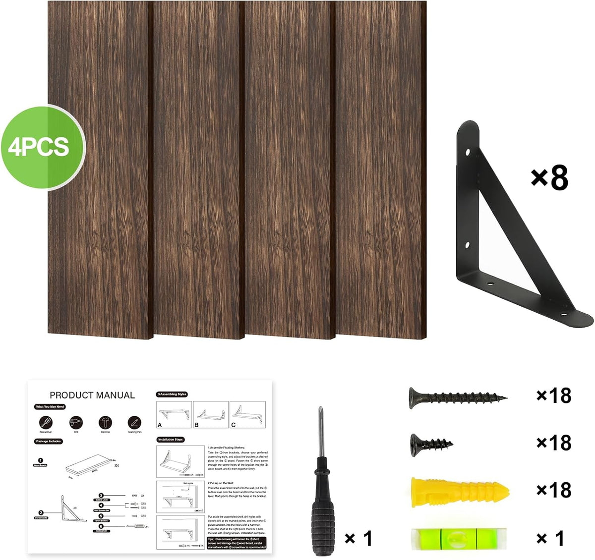 Wall Floating Shelves for Home Decor (Brown, Set of 4, 16.5 Inch)