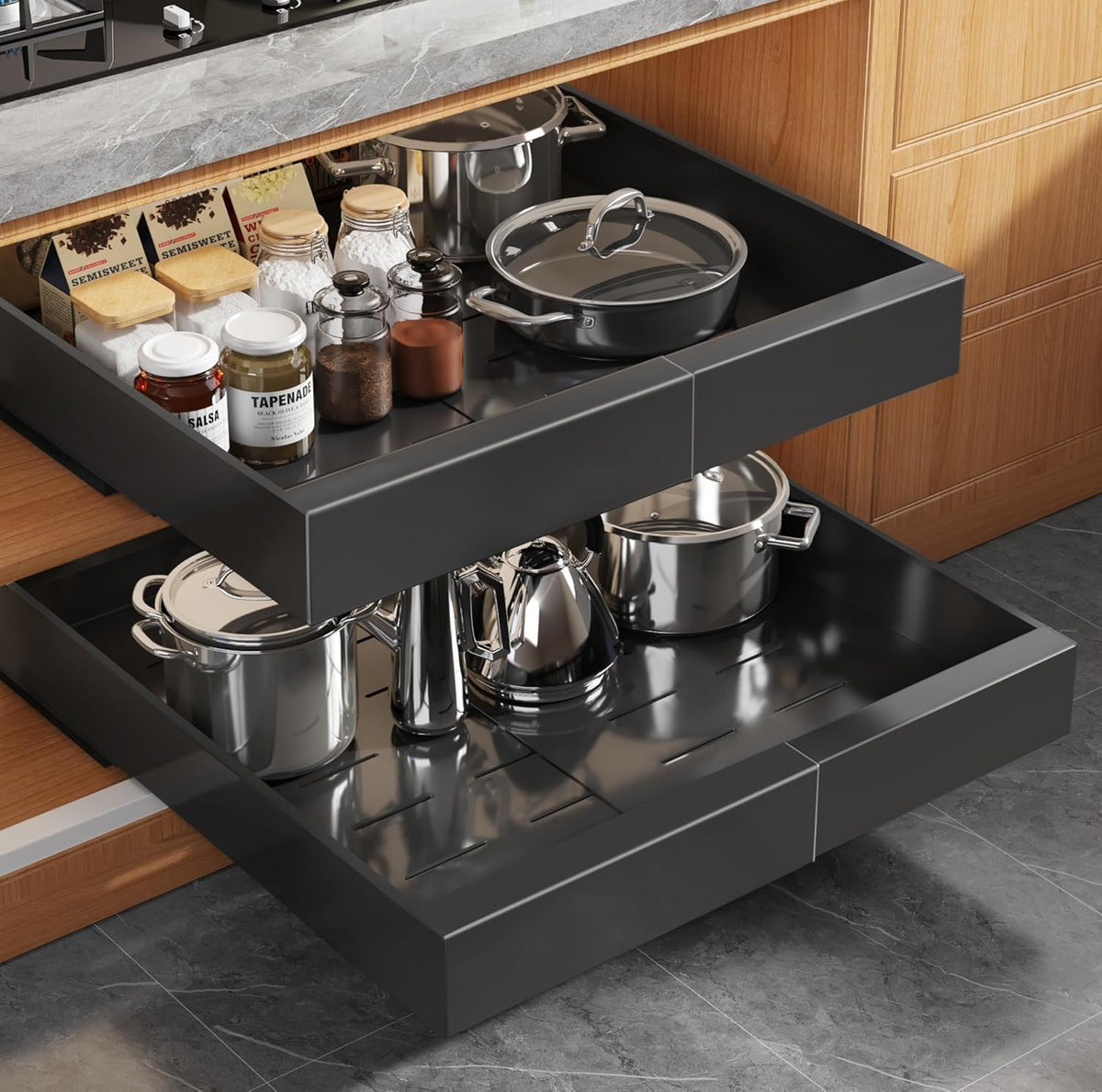 Expandable Pull Out Cabinet Organizer 21"Deep With Raising Pad for Framed Cabinets, Upgrade 3 Slide Rails Slide Out Drawers, Roll Out Shelves Adhesive,Adjustable Width 12.05"-20.4"White