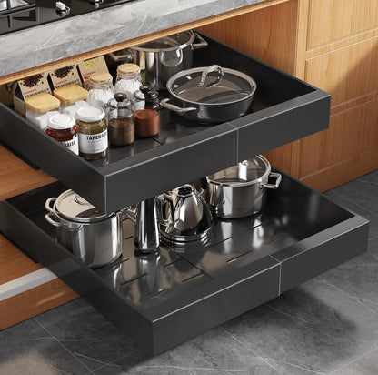 Expandable Pull Out Cabinet Organizer 21"Deep With Raising Pad for Framed Cabinets, Upgrade 3 Slide Rails Slide Out Drawers, Roll Out Shelves Adhesive,Adjustable Width 12.05"-20.4"White
