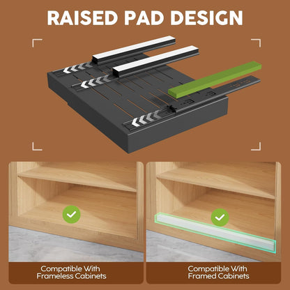 Expandable Pull Out Cabinet Organizer 21"Deep With Raising Pad for Framed Cabinets, Upgrade 3 Slide Rails Slide Out Drawers, Roll Out Shelves Adhesive,Adjustable Width 12.05"-20.4"White