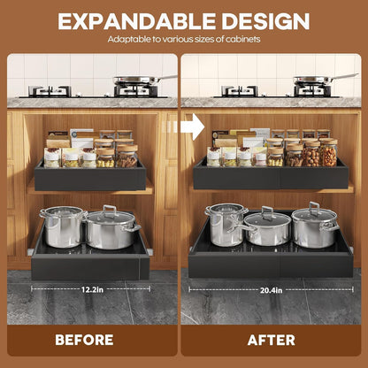 Expandable Pull Out Cabinet Organizer 21"Deep With Raising Pad for Framed Cabinets, Upgrade 3 Slide Rails Slide Out Drawers, Roll Out Shelves Adhesive,Adjustable Width 12.05"-20.4"White