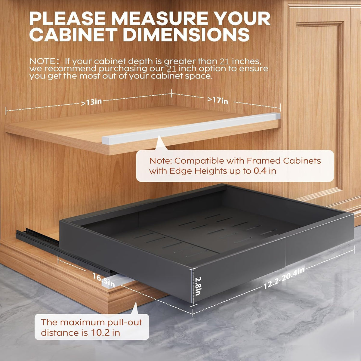 Expandable Pull Out Cabinet Organizer 21"Deep With Raising Pad for Framed Cabinets, Upgrade 3 Slide Rails Slide Out Drawers, Roll Out Shelves Adhesive,Adjustable Width 12.05"-20.4"White