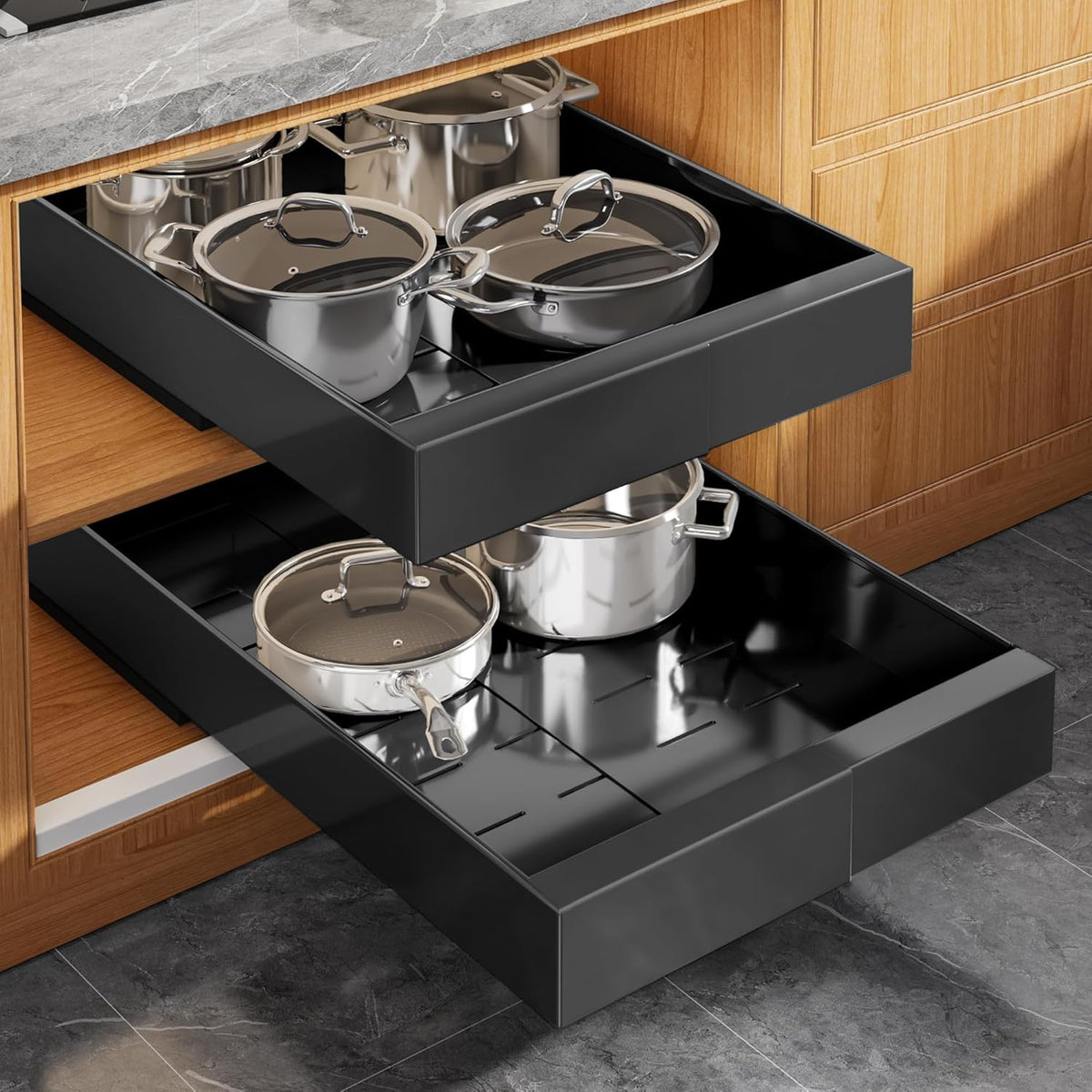 Expandable Pull Out Cabinet Organizer 21"Deep With Raising Pad for Framed Cabinets, Upgrade 3 Slide Rails Slide Out Drawers, Roll Out Shelves Adhesive,Adjustable Width 12.05"-20.4"White