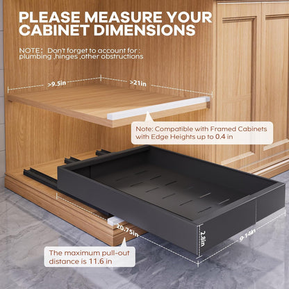 Expandable Pull Out Cabinet Organizer 21"Deep With Raising Pad for Framed Cabinets, Upgrade 3 Slide Rails Slide Out Drawers, Roll Out Shelves Adhesive,Adjustable Width 12.05"-20.4"White