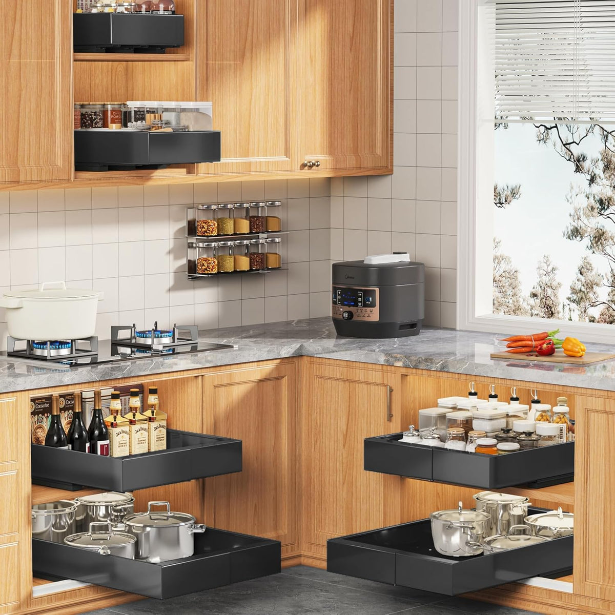 Expandable Pull Out Cabinet Organizer 21"Deep With Raising Pad for Framed Cabinets, Upgrade 3 Slide Rails Slide Out Drawers, Roll Out Shelves Adhesive,Adjustable Width 12.05"-20.4"White