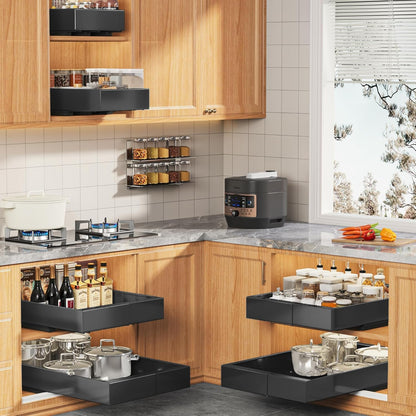 Expandable Pull Out Cabinet Organizer 21"Deep With Raising Pad for Framed Cabinets, Upgrade 3 Slide Rails Slide Out Drawers, Roll Out Shelves Adhesive,Adjustable Width 12.05"-20.4"White
