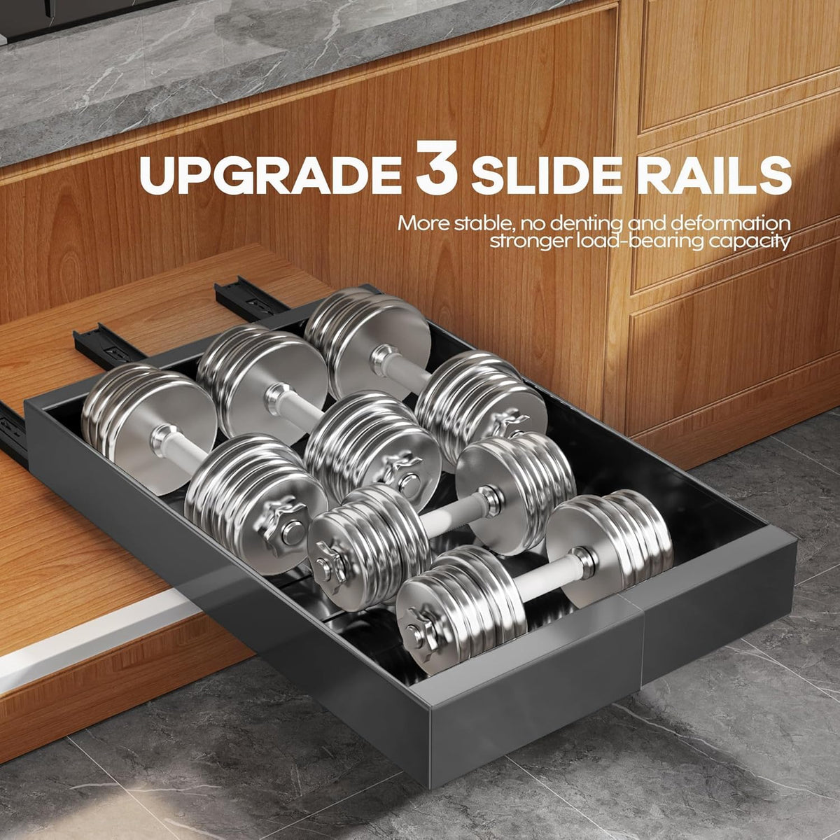 Expandable Pull Out Cabinet Organizer 21"Deep With Raising Pad for Framed Cabinets, Upgrade 3 Slide Rails Slide Out Drawers, Roll Out Shelves Adhesive,Adjustable Width 12.05"-20.4"White
