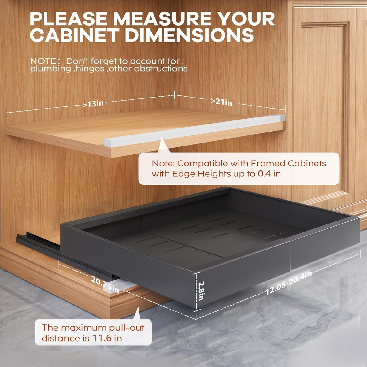 Expandable Pull Out Cabinet Organizer 21"Deep With Raising Pad for Framed Cabinets, Upgrade 3 Slide Rails Slide Out Drawers, Roll Out Shelves Adhesive,Adjustable Width 12.05"-20.4"White