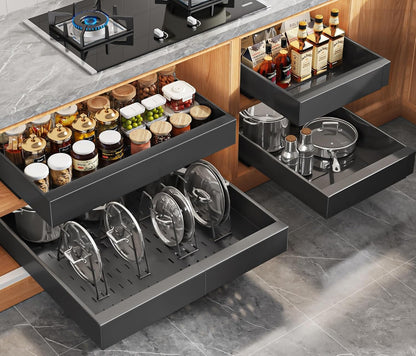 Expandable Pull Out Cabinet Organizer 21"Deep With Raising Pad for Framed Cabinets, Upgrade 3 Slide Rails Slide Out Drawers, Roll Out Shelves Adhesive,Adjustable Width 12.05"-20.4"White