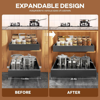 Expandable Pull Out Cabinet Organizer 21"Deep With Raising Pad for Framed Cabinets, Upgrade 3 Slide Rails Slide Out Drawers, Roll Out Shelves Adhesive,Adjustable Width 12.05"-20.4"White