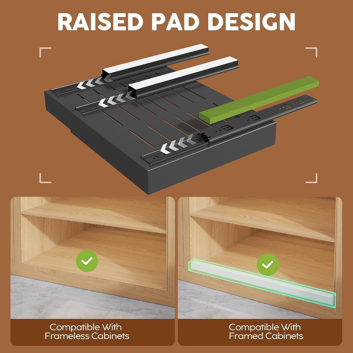 Expandable Pull Out Cabinet Organizer 21"Deep With Raising Pad for Framed Cabinets, Upgrade 3 Slide Rails Slide Out Drawers, Roll Out Shelves Adhesive,Adjustable Width 12.05"-20.4"White