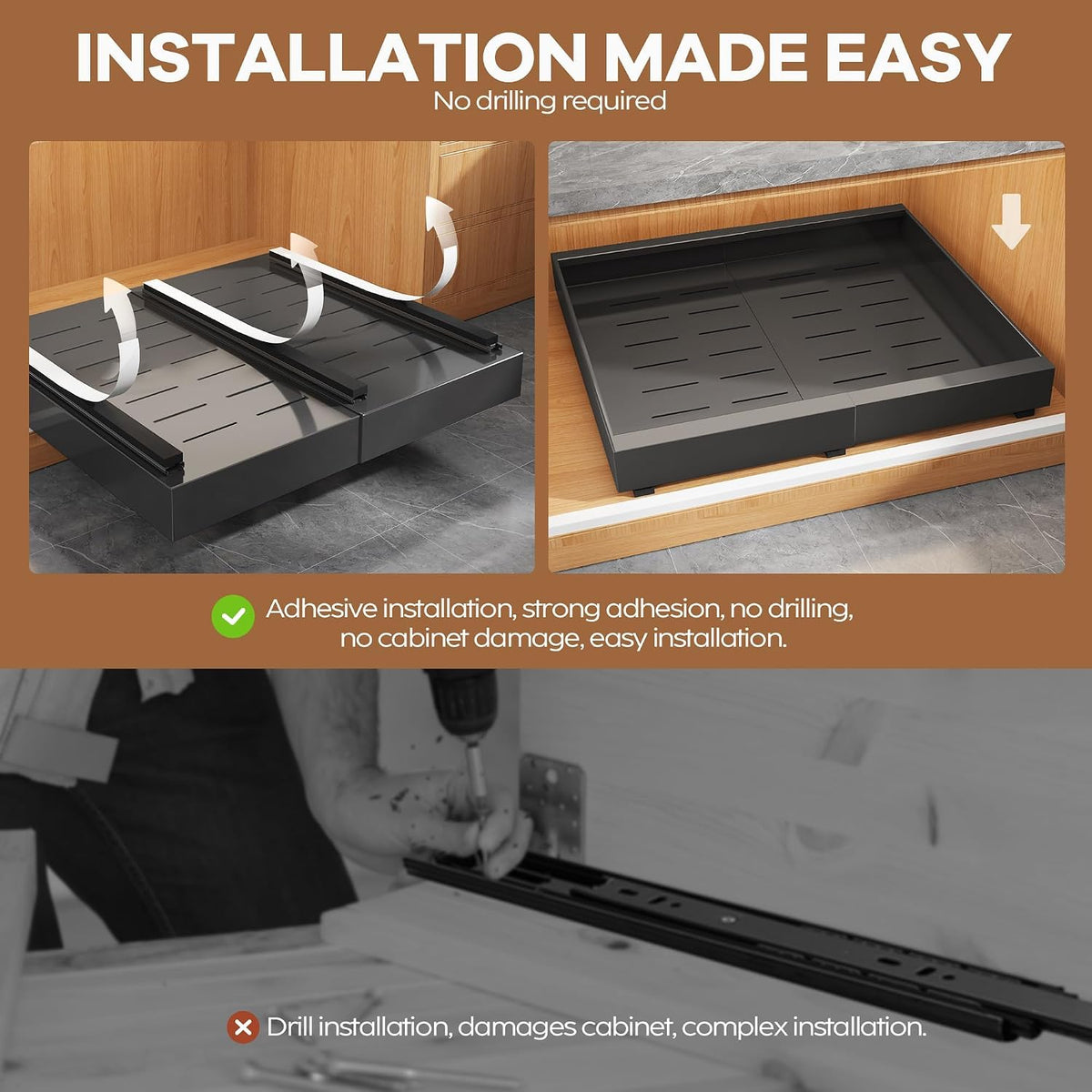 Expandable Pull Out Cabinet Organizer 21"Deep With Raising Pad for Framed Cabinets, Upgrade 3 Slide Rails Slide Out Drawers, Roll Out Shelves Adhesive,Adjustable Width 12.05"-20.4"White