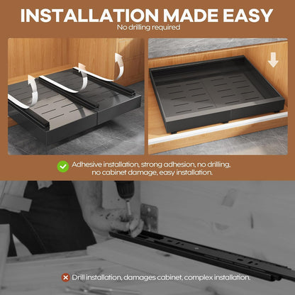 Expandable Pull Out Cabinet Organizer 21"Deep With Raising Pad for Framed Cabinets, Upgrade 3 Slide Rails Slide Out Drawers, Roll Out Shelves Adhesive,Adjustable Width 12.05"-20.4"White