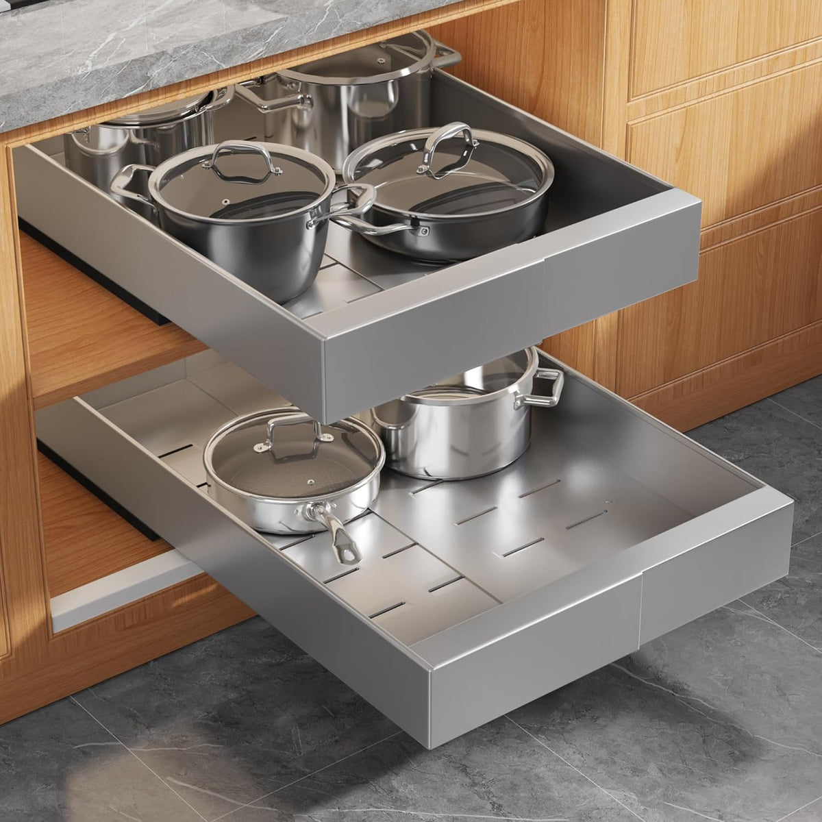 Expandable Pull Out Cabinet Organizer 21"Deep With Raising Pad for Framed Cabinets, Upgrade 3 Slide Rails Slide Out Drawers, Roll Out Shelves Adhesive,Adjustable Width 12.05"-20.4"White