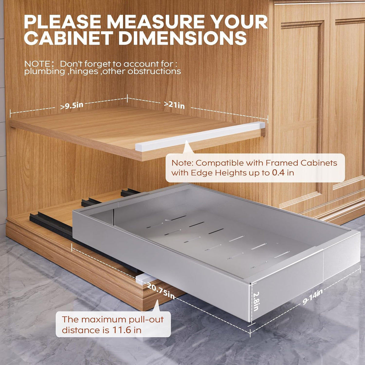 Expandable Pull Out Cabinet Organizer 21"Deep With Raising Pad for Framed Cabinets, Upgrade 3 Slide Rails Slide Out Drawers, Roll Out Shelves Adhesive,Adjustable Width 12.05"-20.4"White