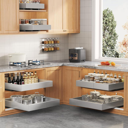 Expandable Pull Out Cabinet Organizer 21"Deep With Raising Pad for Framed Cabinets, Upgrade 3 Slide Rails Slide Out Drawers, Roll Out Shelves Adhesive,Adjustable Width 12.05"-20.4"White