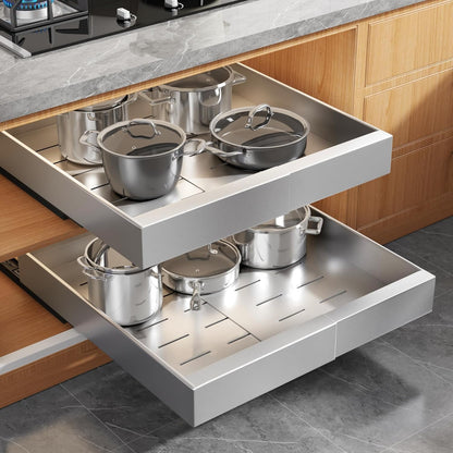 Expandable Pull Out Cabinet Organizer 21"Deep With Raising Pad for Framed Cabinets, Upgrade 3 Slide Rails Slide Out Drawers, Roll Out Shelves Adhesive,Adjustable Width 12.05"-20.4"White