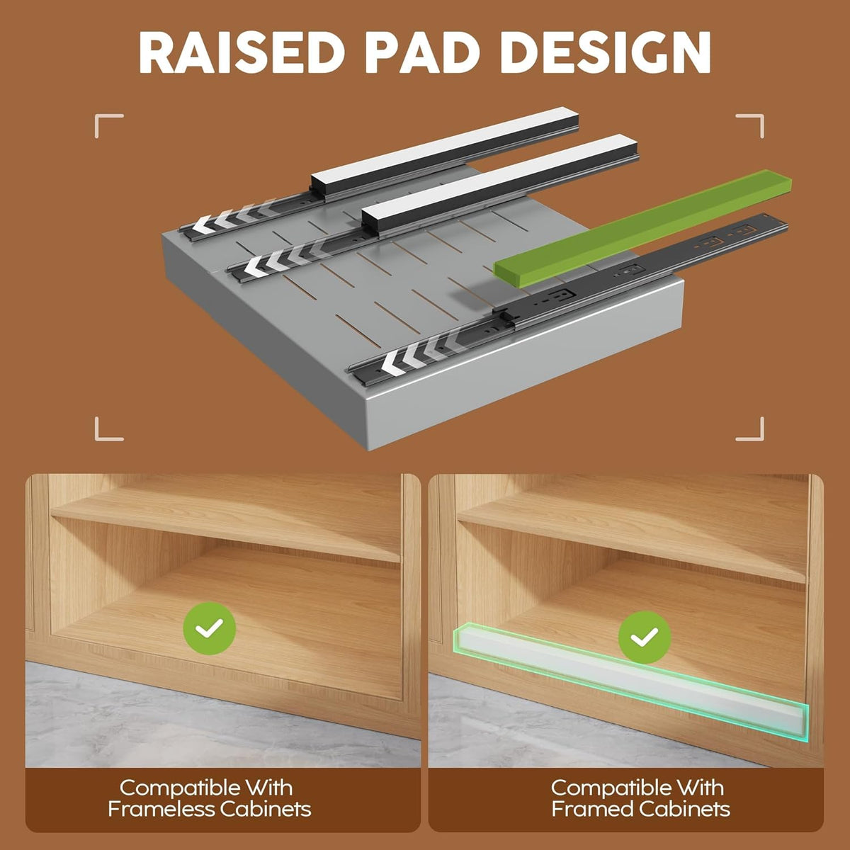 Expandable Pull Out Cabinet Organizer 21"Deep With Raising Pad for Framed Cabinets, Upgrade 3 Slide Rails Slide Out Drawers, Roll Out Shelves Adhesive,Adjustable Width 12.05"-20.4"White