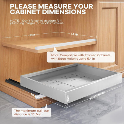 Expandable Pull Out Cabinet Organizer 21"Deep With Raising Pad for Framed Cabinets, Upgrade 3 Slide Rails Slide Out Drawers, Roll Out Shelves Adhesive,Adjustable Width 12.05"-20.4"White