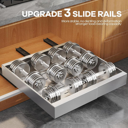 Expandable Pull Out Cabinet Organizer 21"Deep With Raising Pad for Framed Cabinets, Upgrade 3 Slide Rails Slide Out Drawers, Roll Out Shelves Adhesive,Adjustable Width 12.05"-20.4"White