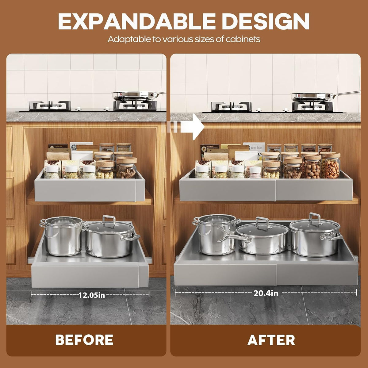 Expandable Pull Out Cabinet Organizer 21"Deep With Raising Pad for Framed Cabinets, Upgrade 3 Slide Rails Slide Out Drawers, Roll Out Shelves Adhesive,Adjustable Width 12.05"-20.4"White
