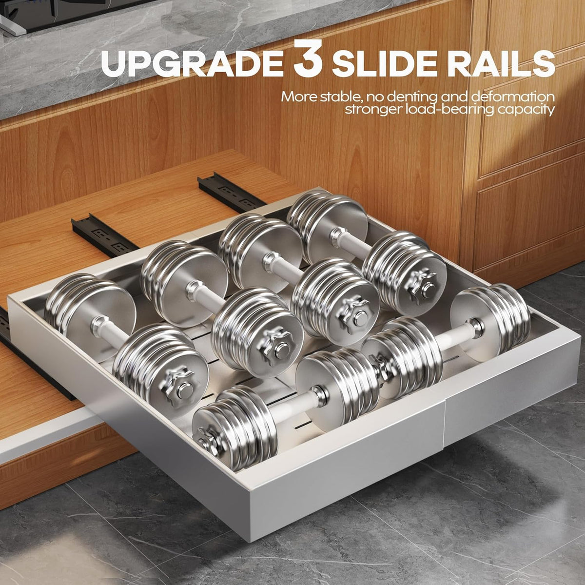 Expandable Pull Out Cabinet Organizer 21"Deep With Raising Pad for Framed Cabinets, Upgrade 3 Slide Rails Slide Out Drawers, Roll Out Shelves Adhesive,Adjustable Width 12.05"-20.4"White