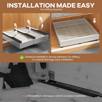 Expandable Pull Out Cabinet Organizer 21"Deep With Raising Pad for Framed Cabinets, Upgrade 3 Slide Rails Slide Out Drawers, Roll Out Shelves Adhesive,Adjustable Width 12.05"-20.4"White