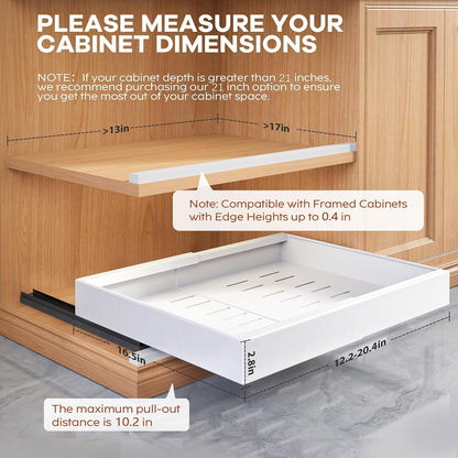 Expandable Pull Out Cabinet Organizer 21"Deep With Raising Pad for Framed Cabinets, Upgrade 3 Slide Rails Slide Out Drawers, Roll Out Shelves Adhesive,Adjustable Width 12.05"-20.4"White