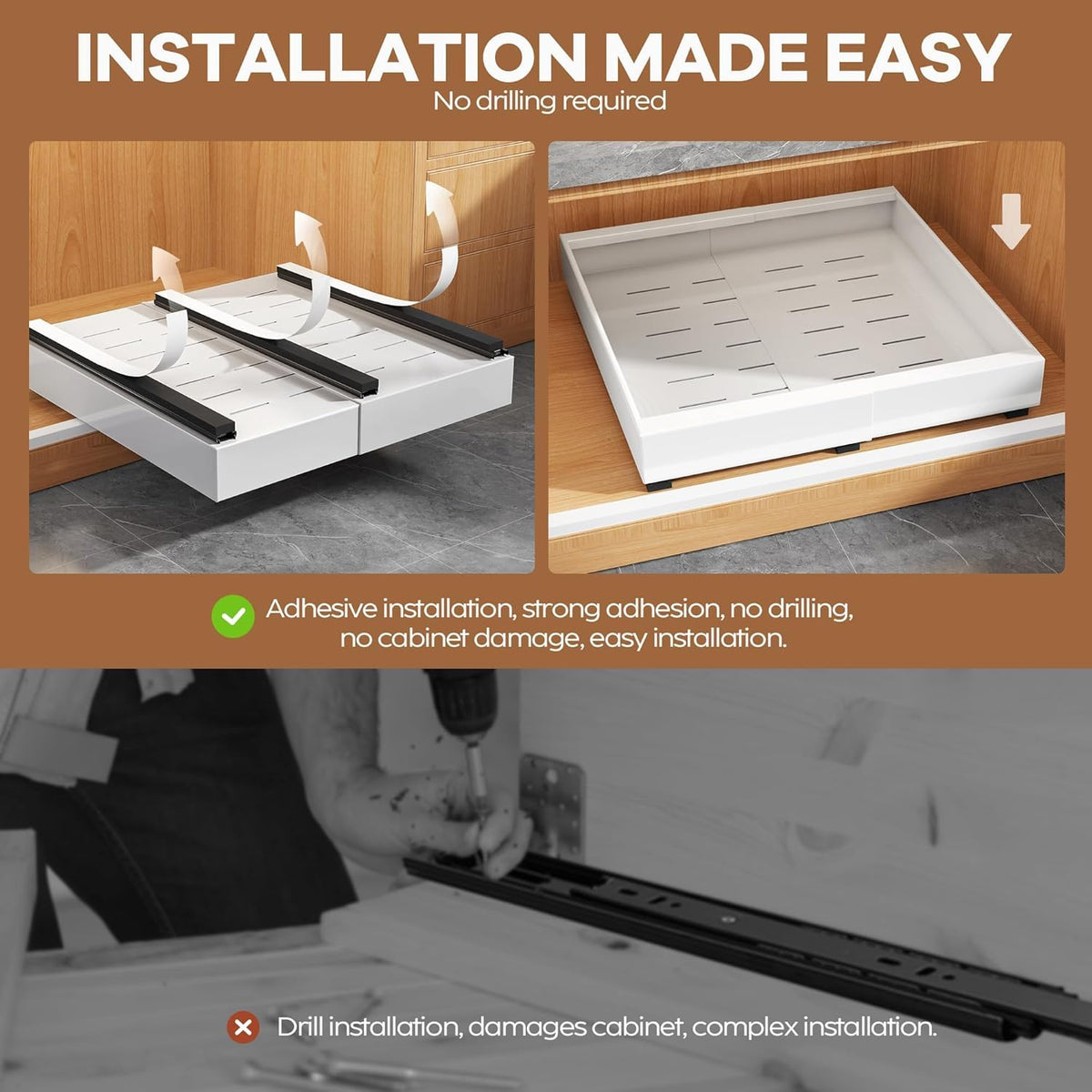 Expandable Pull Out Cabinet Organizer 21"Deep With Raising Pad for Framed Cabinets, Upgrade 3 Slide Rails Slide Out Drawers, Roll Out Shelves Adhesive,Adjustable Width 12.05"-20.4"White