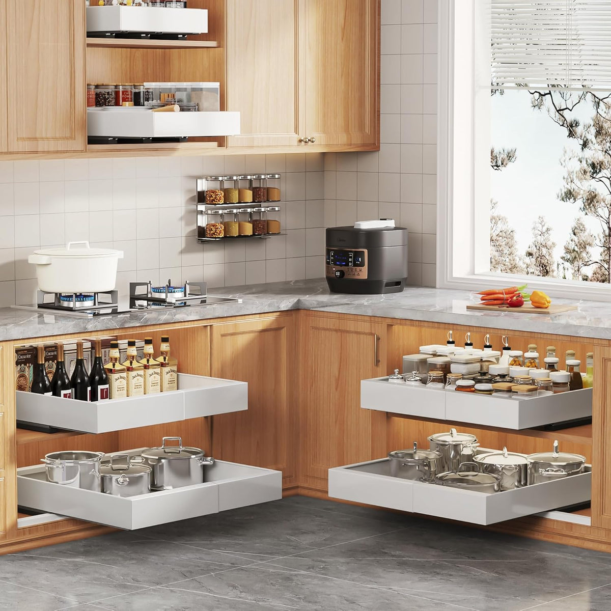 Expandable Pull Out Cabinet Organizer 21"Deep With Raising Pad for Framed Cabinets, Upgrade 3 Slide Rails Slide Out Drawers, Roll Out Shelves Adhesive,Adjustable Width 12.05"-20.4"White