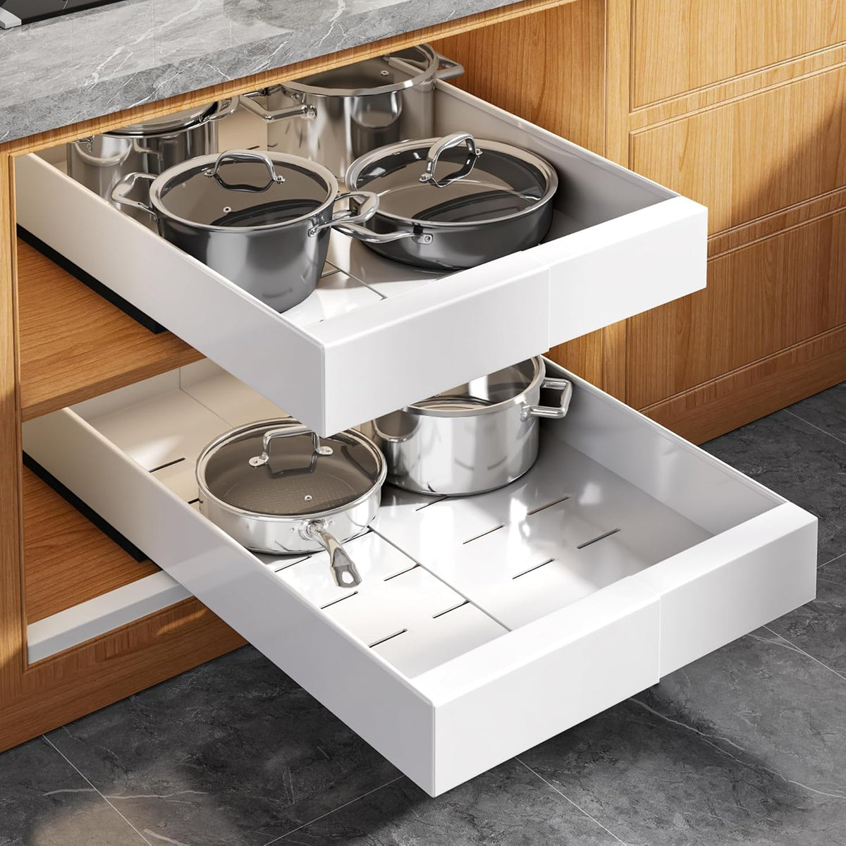 Expandable Pull Out Cabinet Organizer 21"Deep With Raising Pad for Framed Cabinets, Upgrade 3 Slide Rails Slide Out Drawers, Roll Out Shelves Adhesive,Adjustable Width 12.05"-20.4"White