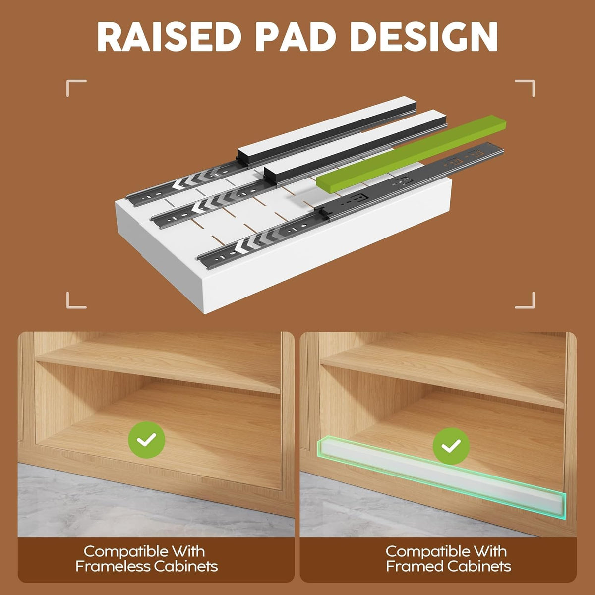 Expandable Pull Out Cabinet Organizer 21"Deep With Raising Pad for Framed Cabinets, Upgrade 3 Slide Rails Slide Out Drawers, Roll Out Shelves Adhesive,Adjustable Width 12.05"-20.4"White