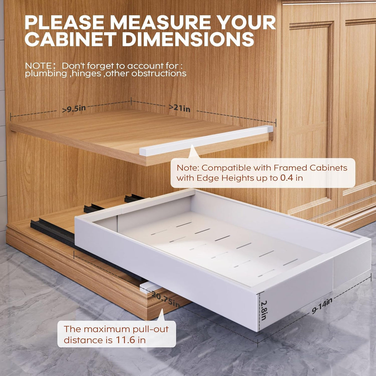 Expandable Pull Out Cabinet Organizer 21"Deep With Raising Pad for Framed Cabinets, Upgrade 3 Slide Rails Slide Out Drawers, Roll Out Shelves Adhesive,Adjustable Width 12.05"-20.4"White