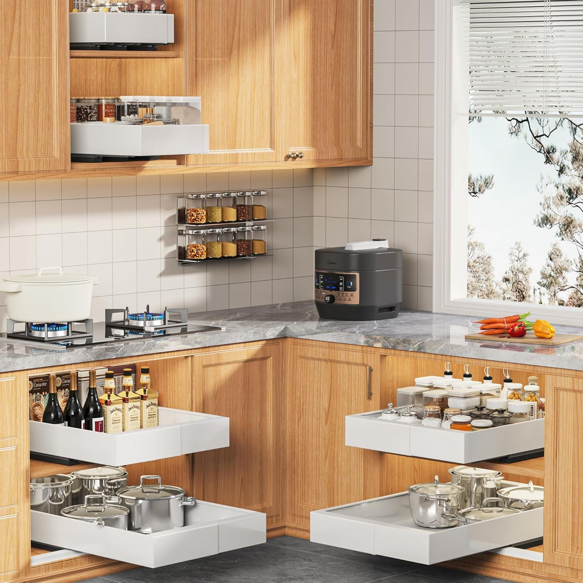 Expandable Pull Out Cabinet Organizer 21"Deep With Raising Pad for Framed Cabinets, Upgrade 3 Slide Rails Slide Out Drawers, Roll Out Shelves Adhesive,Adjustable Width 12.05"-20.4"White