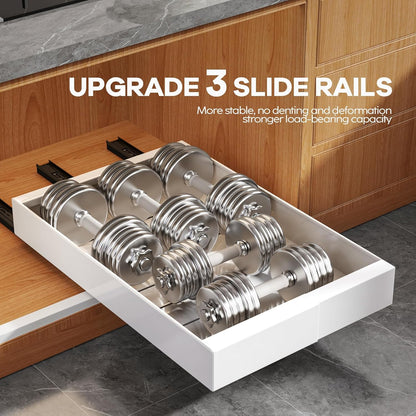 Expandable Pull Out Cabinet Organizer 21"Deep With Raising Pad for Framed Cabinets, Upgrade 3 Slide Rails Slide Out Drawers, Roll Out Shelves Adhesive,Adjustable Width 12.05"-20.4"White