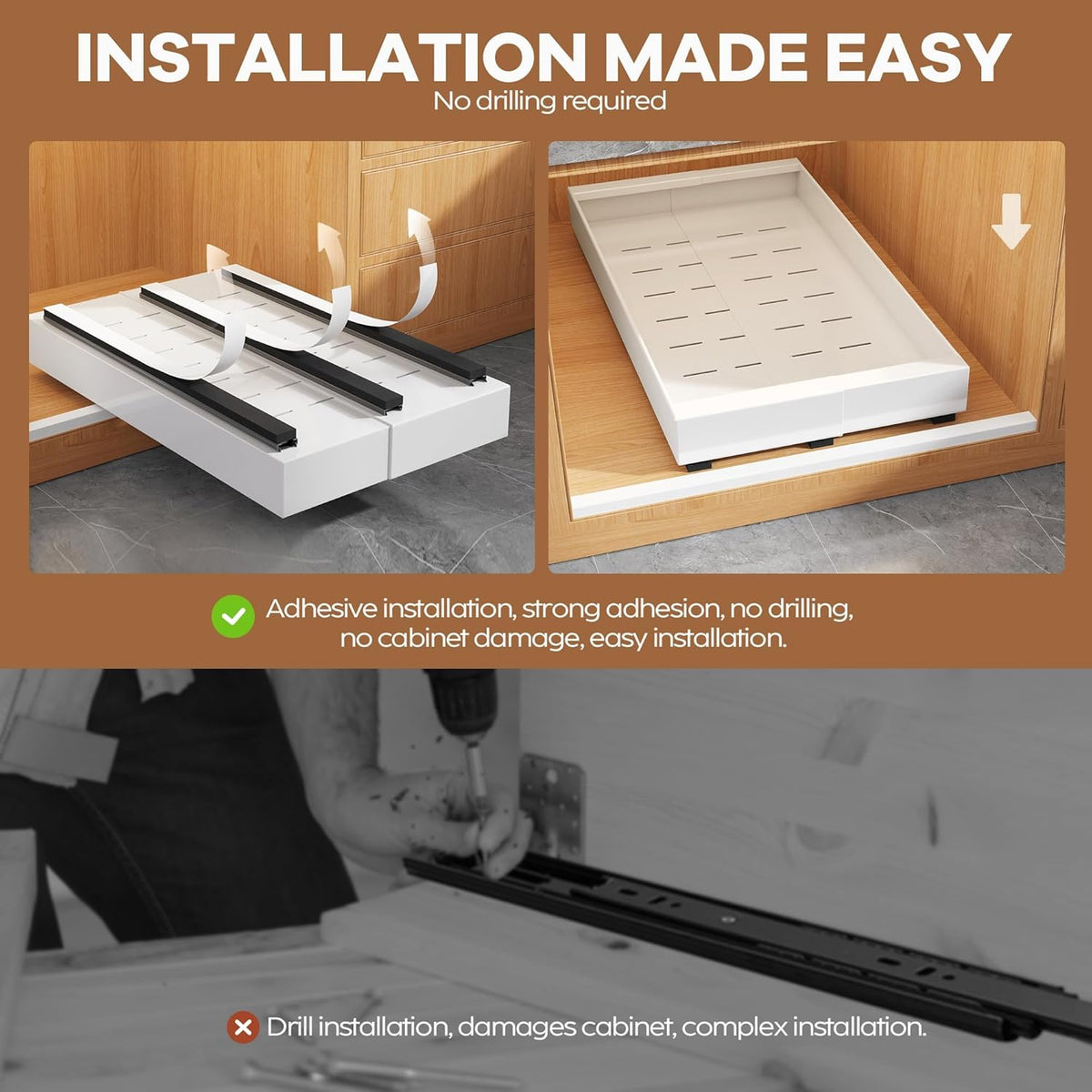 Expandable Pull Out Cabinet Organizer 21"Deep With Raising Pad for Framed Cabinets, Upgrade 3 Slide Rails Slide Out Drawers, Roll Out Shelves Adhesive,Adjustable Width 12.05"-20.4"White