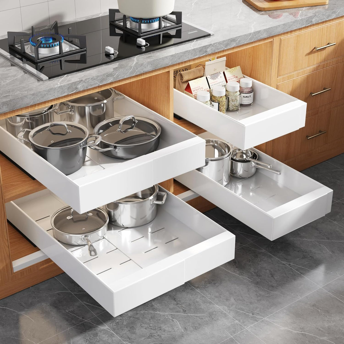 Expandable Pull Out Cabinet Organizer 21"Deep With Raising Pad for Framed Cabinets, Upgrade 3 Slide Rails Slide Out Drawers, Roll Out Shelves Adhesive,Adjustable Width 12.05"-20.4"White
