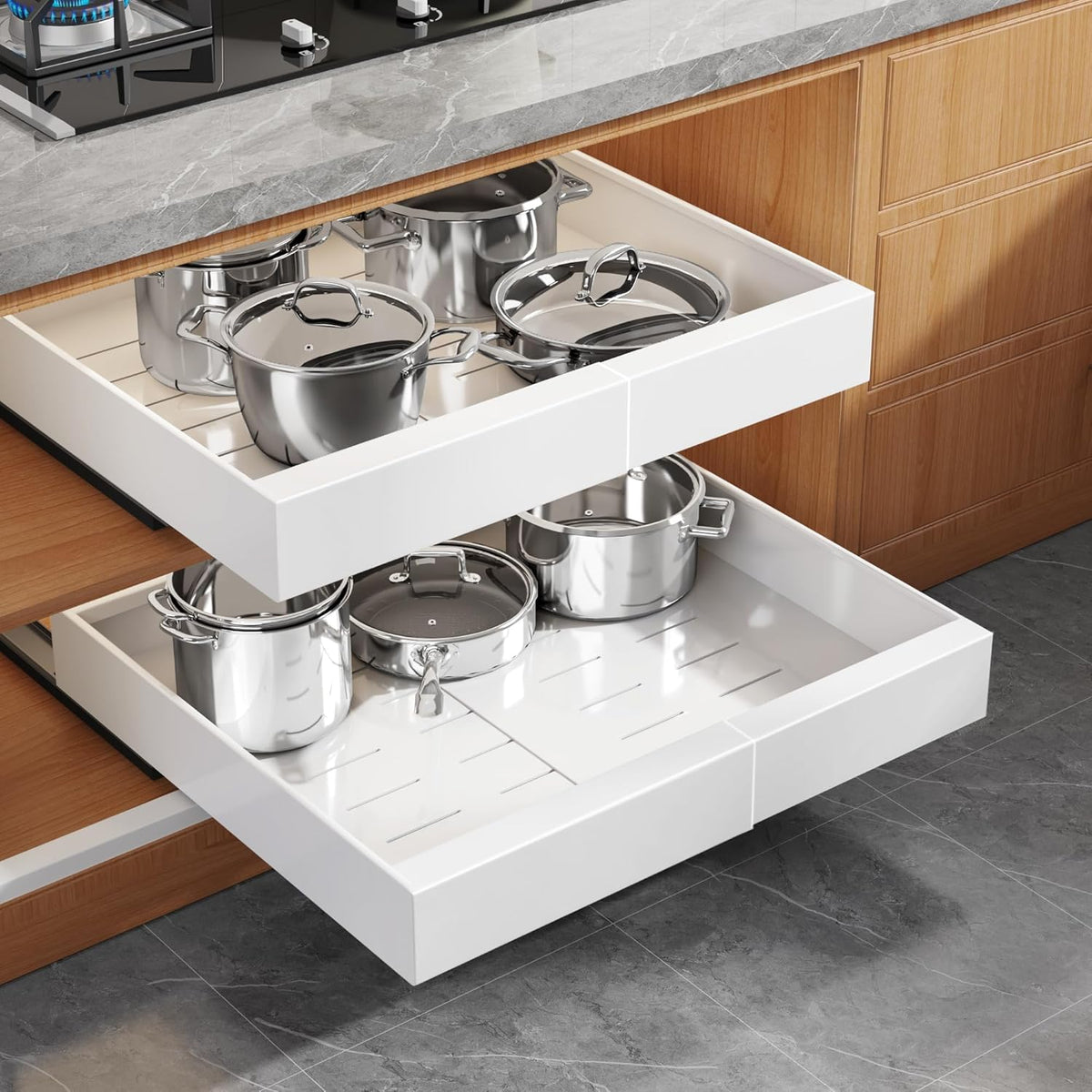 Expandable Pull Out Cabinet Organizer 21"Deep With Raising Pad for Framed Cabinets, Upgrade 3 Slide Rails Slide Out Drawers, Roll Out Shelves Adhesive,Adjustable Width 12.05"-20.4"White