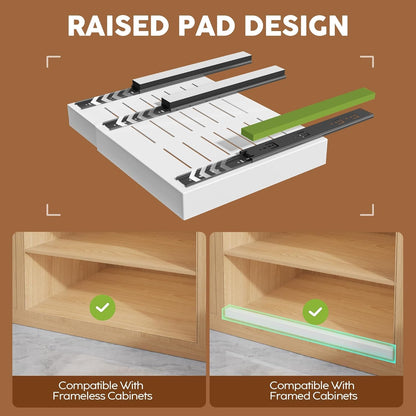 Expandable Pull Out Cabinet Organizer 21"Deep With Raising Pad for Framed Cabinets, Upgrade 3 Slide Rails Slide Out Drawers, Roll Out Shelves Adhesive,Adjustable Width 12.05"-20.4"White