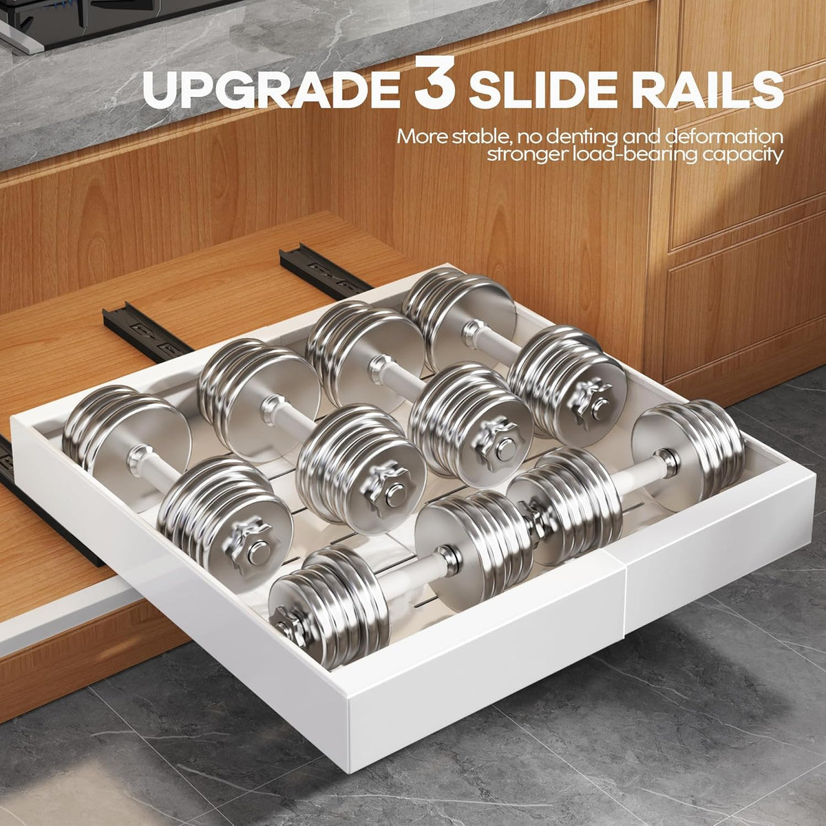Expandable Pull Out Cabinet Organizer 21"Deep With Raising Pad for Framed Cabinets, Upgrade 3 Slide Rails Slide Out Drawers, Roll Out Shelves Adhesive,Adjustable Width 12.05"-20.4"White