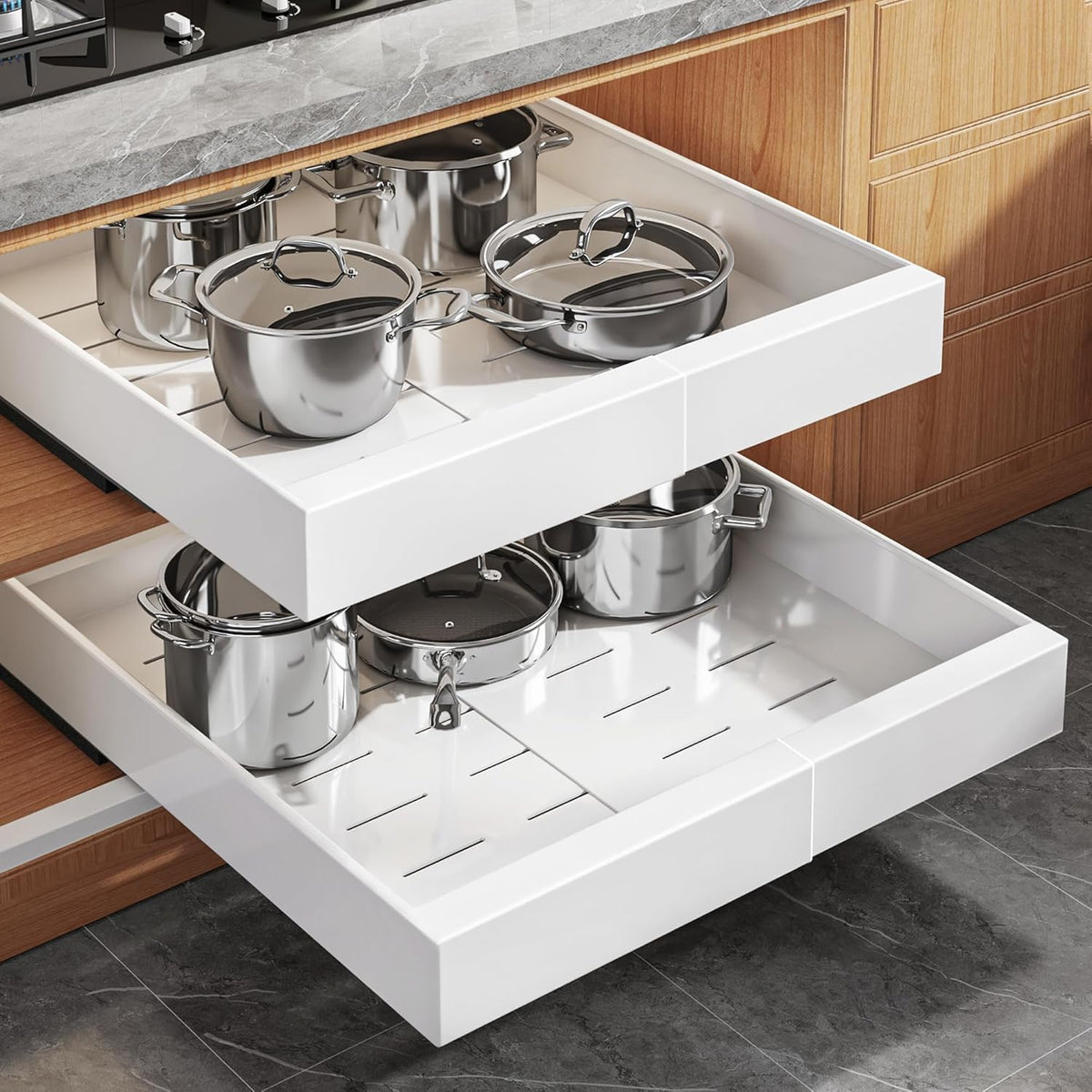 Expandable Pull Out Cabinet Organizer 21"Deep With Raising Pad for Framed Cabinets, Upgrade 3 Slide Rails Slide Out Drawers, Roll Out Shelves Adhesive,Adjustable Width 12.05"-20.4"White