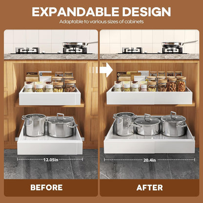 Expandable Pull Out Cabinet Organizer 21"Deep With Raising Pad for Framed Cabinets, Upgrade 3 Slide Rails Slide Out Drawers, Roll Out Shelves Adhesive,Adjustable Width 12.05"-20.4"White