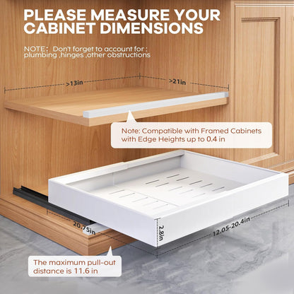 Expandable Pull Out Cabinet Organizer 21"Deep With Raising Pad for Framed Cabinets, Upgrade 3 Slide Rails Slide Out Drawers, Roll Out Shelves Adhesive,Adjustable Width 12.05"-20.4"White