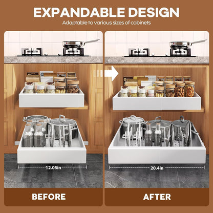 Expandable Pull Out Cabinet Organizer 21"Deep With Raising Pad for Framed Cabinets, Upgrade 3 Slide Rails Slide Out Drawers, Roll Out Shelves Adhesive,Adjustable Width 12.05"-20.4"White