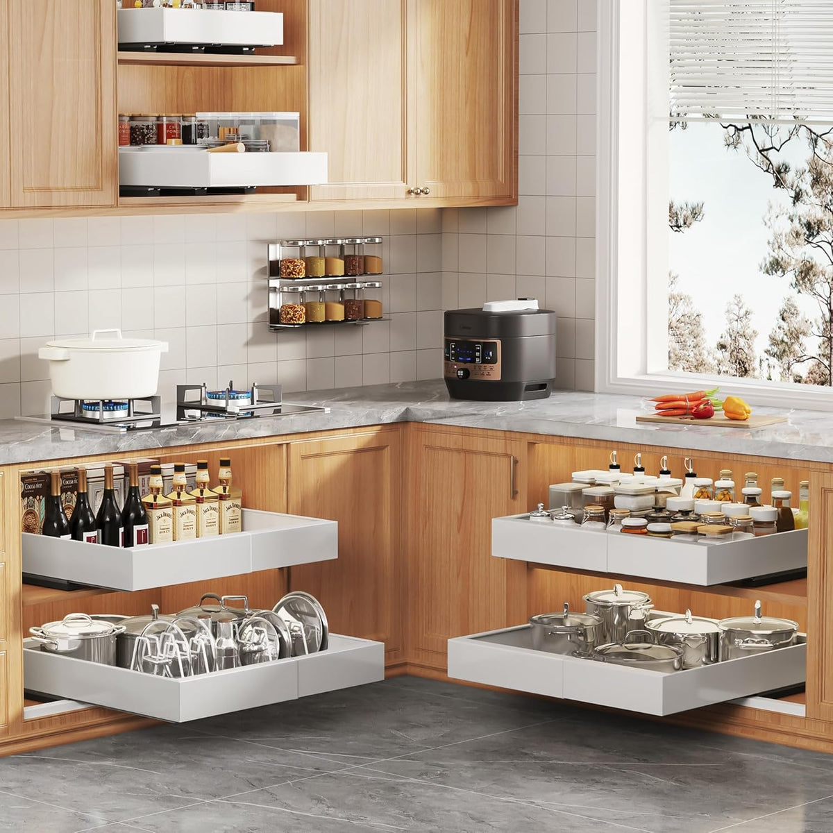 Expandable Pull Out Cabinet Organizer 21"Deep With Raising Pad for Framed Cabinets, Upgrade 3 Slide Rails Slide Out Drawers, Roll Out Shelves Adhesive,Adjustable Width 12.05"-20.4"White