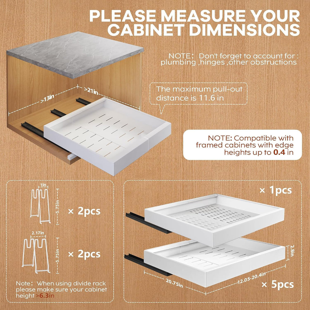 Expandable Pull Out Cabinet Organizer 21"Deep With Raising Pad for Framed Cabinets, Upgrade 3 Slide Rails Slide Out Drawers, Roll Out Shelves Adhesive,Adjustable Width 12.05"-20.4"White