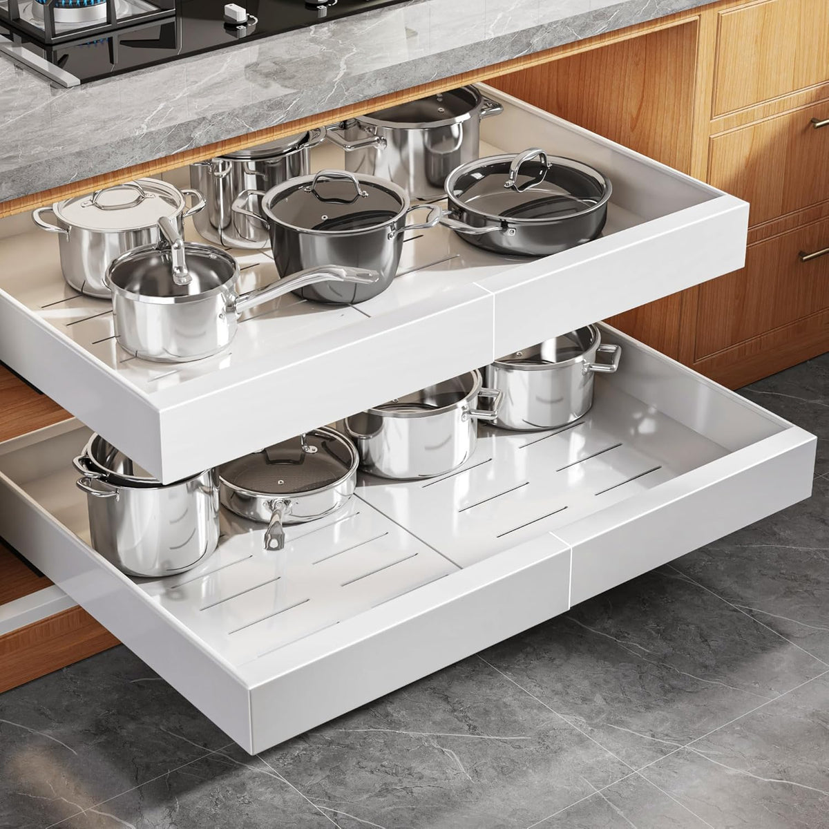 Expandable Pull Out Cabinet Organizer 21"Deep With Raising Pad for Framed Cabinets, Upgrade 3 Slide Rails Slide Out Drawers, Roll Out Shelves Adhesive,Adjustable Width 12.05"-20.4"White