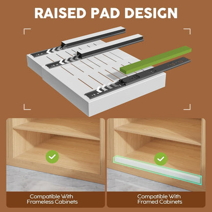 Expandable Pull Out Cabinet Organizer 21"Deep With Raising Pad for Framed Cabinets, Upgrade 3 Slide Rails Slide Out Drawers, Roll Out Shelves Adhesive,Adjustable Width 12.05"-20.4"White