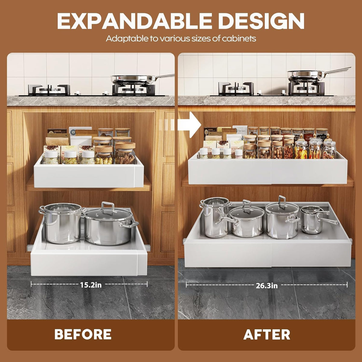 Expandable Pull Out Cabinet Organizer 21"Deep With Raising Pad for Framed Cabinets, Upgrade 3 Slide Rails Slide Out Drawers, Roll Out Shelves Adhesive,Adjustable Width 12.05"-20.4"White