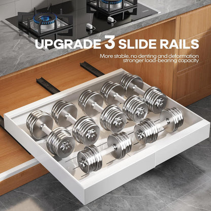 Expandable Pull Out Cabinet Organizer 21"Deep With Raising Pad for Framed Cabinets, Upgrade 3 Slide Rails Slide Out Drawers, Roll Out Shelves Adhesive,Adjustable Width 12.05"-20.4"White